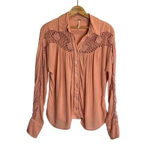 Free People Button Front Crotchet Lace Collared‎ Boho Blouse Peasant Feminine
